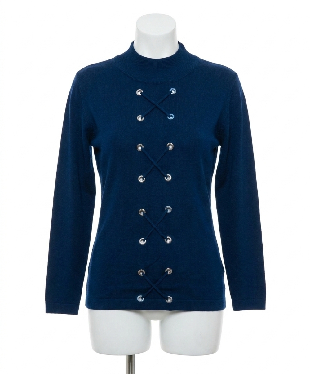NEW ANGEL APPAREL lace up mock neck top in cadet